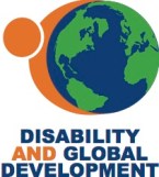 The logo shows a graphic of Earth with an orange person figure wrapping their hands around the world. The words "Disability and Global Development" appear below.